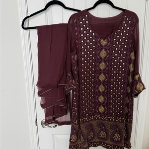 Embroidered Maroon and Gold Women's suit with matching trousers and dupatta